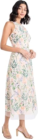 Maggy London Women's Dresses Floral Embroidered Halter Neck Midi Dress with Back V-Nec