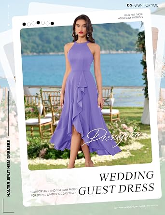 Dressystar Womens 2026 Halter Slit Ruffle Wedding Guest Party Dress Elegant Maxi Long Sleeveless Formal Prom Cocktail Dresses