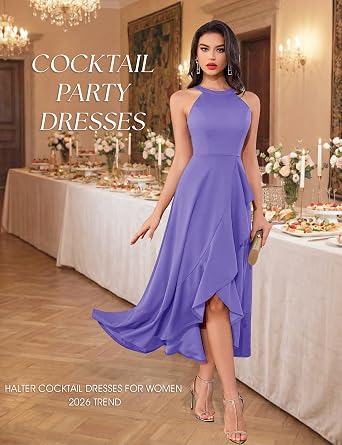 Dressystar Womens 2026 Halter Slit Ruffle Wedding Guest Party Dress Elegant Maxi Long Sleeveless Formal Prom Cocktail Dresses