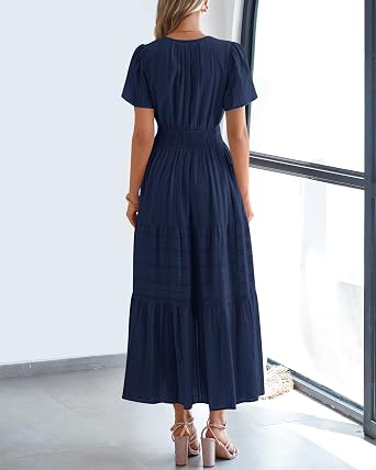 BTFBM Womens Summer 2026 Casual Midi Maxi Dresses Lightweight Short Sleeve V Neck Elastic Waist Boho Beach Dress Pockets