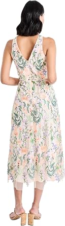 Maggy London Women's Dresses Floral Embroidered Halter Neck Midi Dress with Back V-Nec