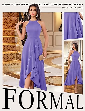 Dressystar Womens 2026 Halter Slit Ruffle Wedding Guest Party Dress Elegant Maxi Long Sleeveless Formal Prom Cocktail Dresses