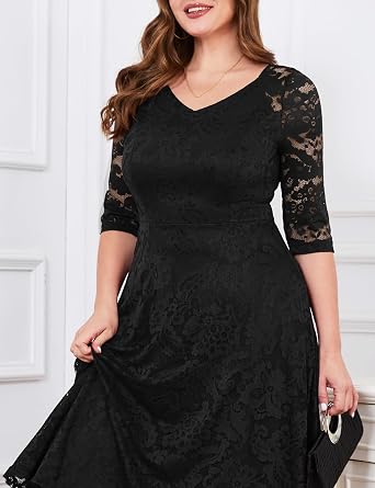 Dressystar Womens Long-Sleeve Wedding Guest Dress A-Line Lace Formal Party Cocktail Midi Dress Prom Gown