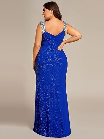 Ever-Pretty Women's Glitter V Neck Sleeveless Plus Size Formal Dresses High Split Bodycon Prom Dress Evening Gowns
