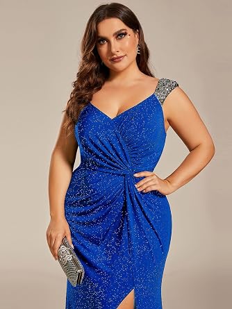 Ever-Pretty Women's Glitter V Neck Sleeveless Plus Size Formal Dresses High Split Bodycon Prom Dress Evening Gowns