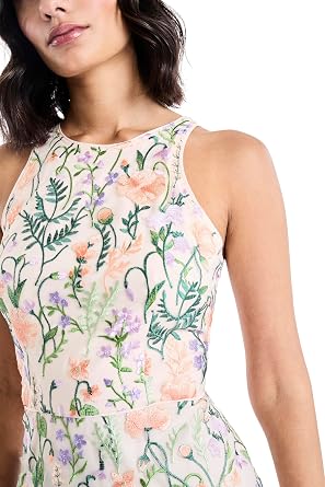 Maggy London Women's Dresses Floral Embroidered Halter Neck Midi Dress with Back V-Nec