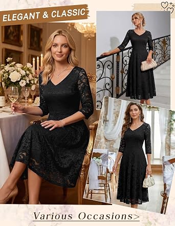 Dressystar Womens Long-Sleeve Wedding Guest Dress A-Line Lace Formal Party Cocktail Midi Dress Prom Gown
