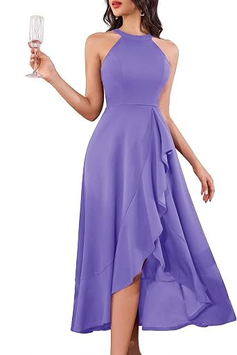 Dressystar Womens 2026 Halter Slit Ruffle Wedding Guest Party Dress Elegant Maxi Long Sleeveless Formal Prom Cocktail Dresses