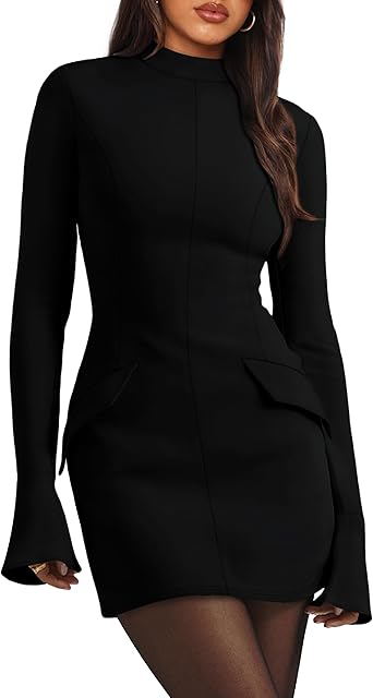 OFEEFAN Women's Fall Long Sleeve Mock Neck Dress Basic Party Club Bodycon Mini Dresses