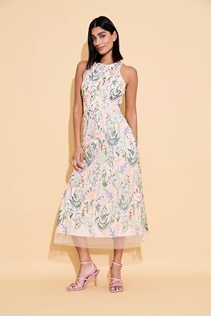 Maggy London Women's Dresses Floral Embroidered Halter Neck Midi Dress with Back V-Nec