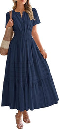 BTFBM Womens Summer 2026 Casual Midi Maxi Dresses Lightweight Short Sleeve V Neck Elastic Waist Boho Beach Dress Pockets