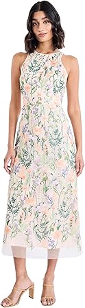 Maggy London Women's Dresses Floral Embroidered Halter Neck Midi Dress with Back V-Nec
